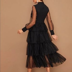 SHEIN Pearls Beaded Sheer Sleeve Peekaboo Dress